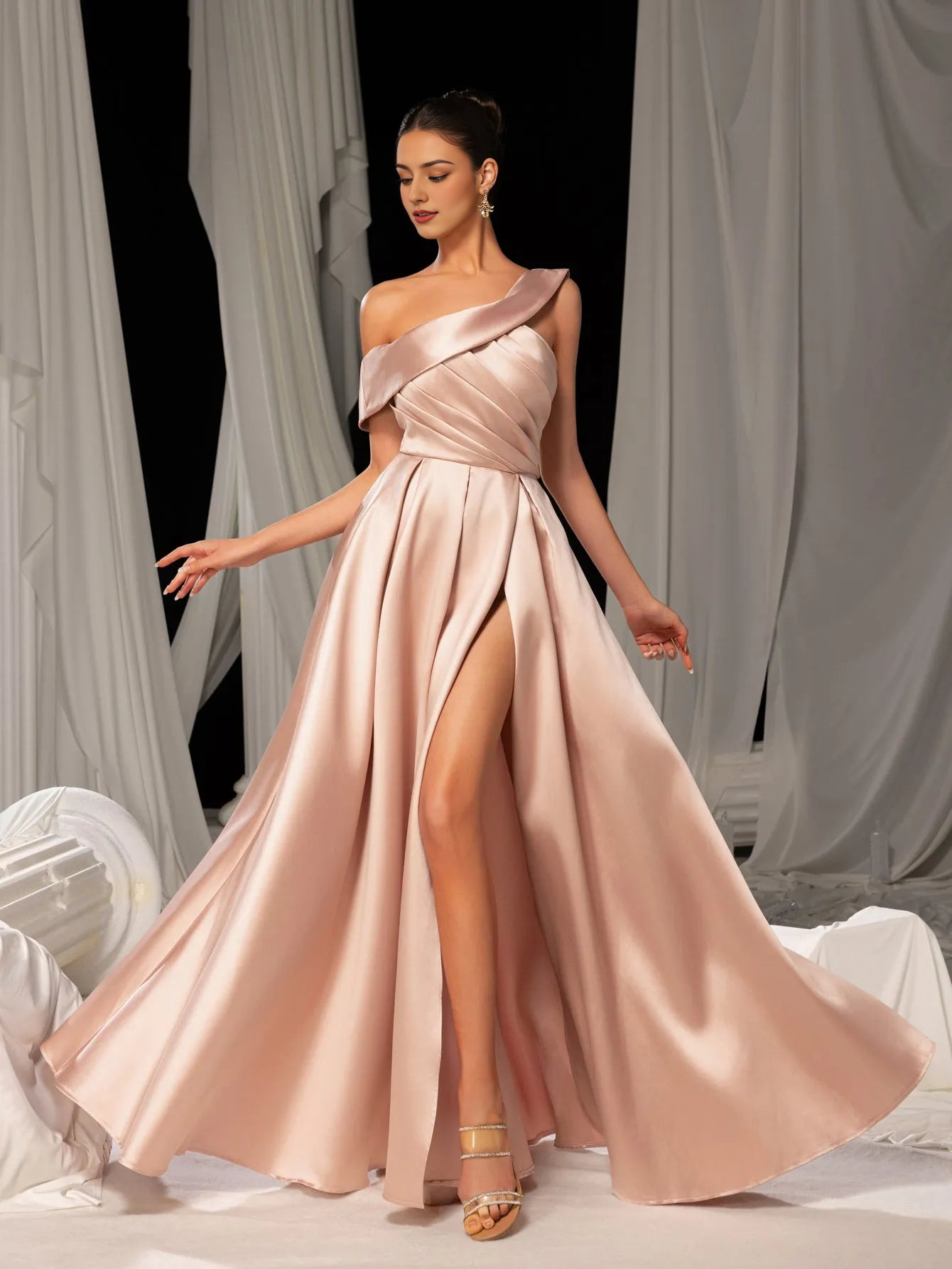 Elegant Evening Dresses/ Elegant Sloping Neck Split A-line Satin Formal Prom Dress Evening Dresses/ Evening Dresses For Women